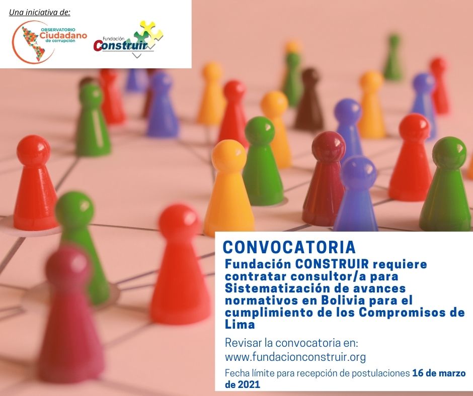 Convocatoria: Consultor/a para Sistematización de avances normativos en Bolivia para el cumplimiento de los Compromisos de Lima