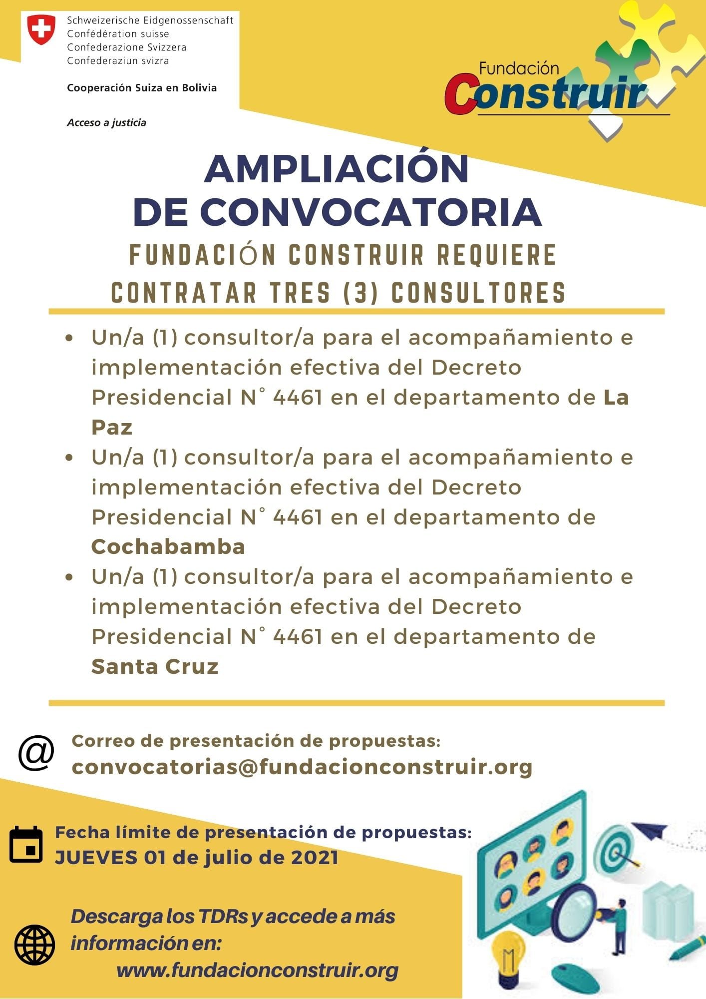 AMPLIACIÓN DE CONVOCATORIA: Consultores acompañamiento e implementación efectiva del Decreto Presidencial N° 4461 en los departamentos de La Paz, Cochabamba y Santa Cruz