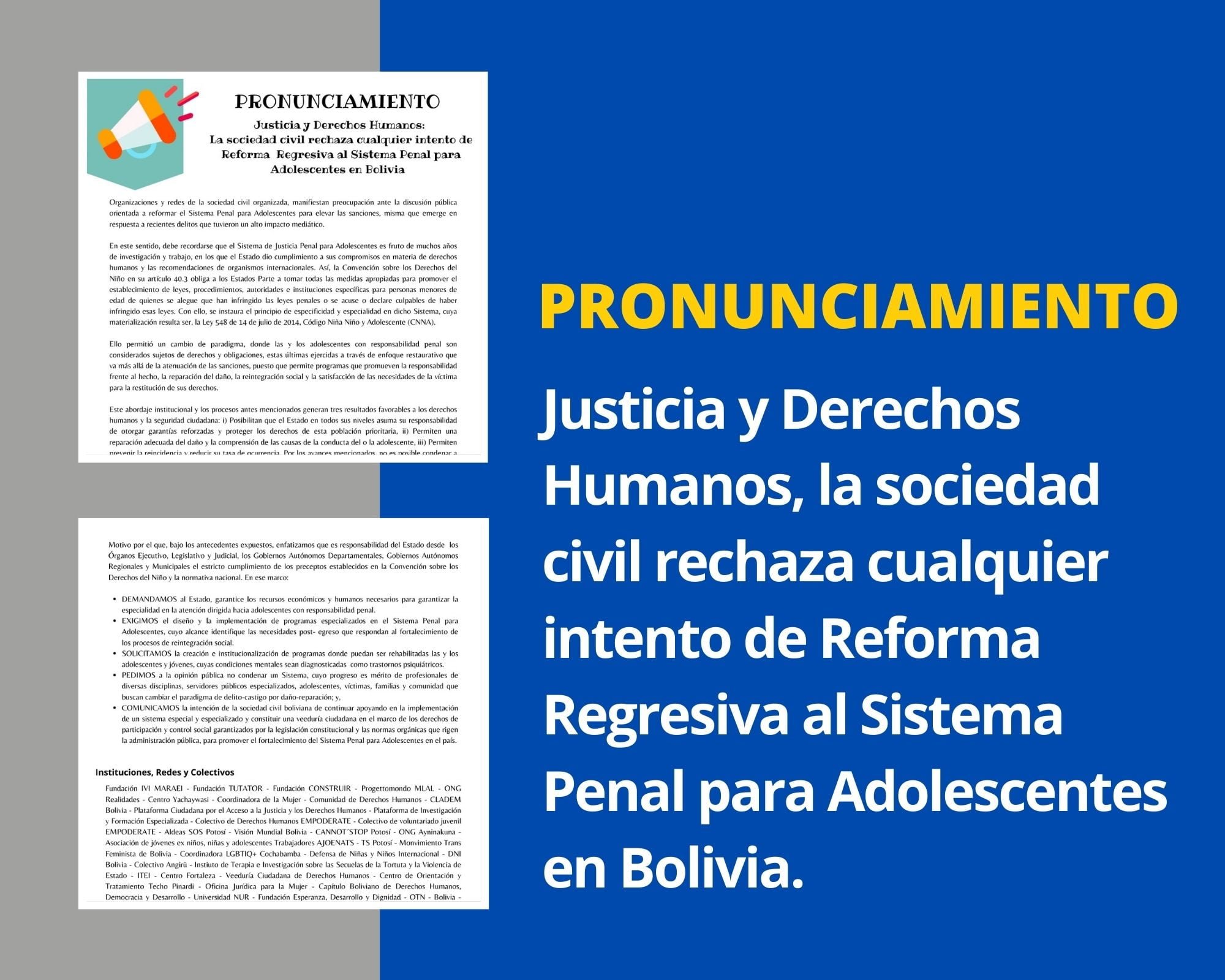 PRONUNCIAMIENTO: Justicia y Derechos Humanos, la sociedad civil rechaza cualquier intento de Reforma Regresiva al Sistema Penal para Adolescentes en Bolivia