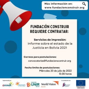 CONVOCATORIA: Servicios de impresión:  Libro: Informe sobre el Estado de la justicia en Bolivia 2021