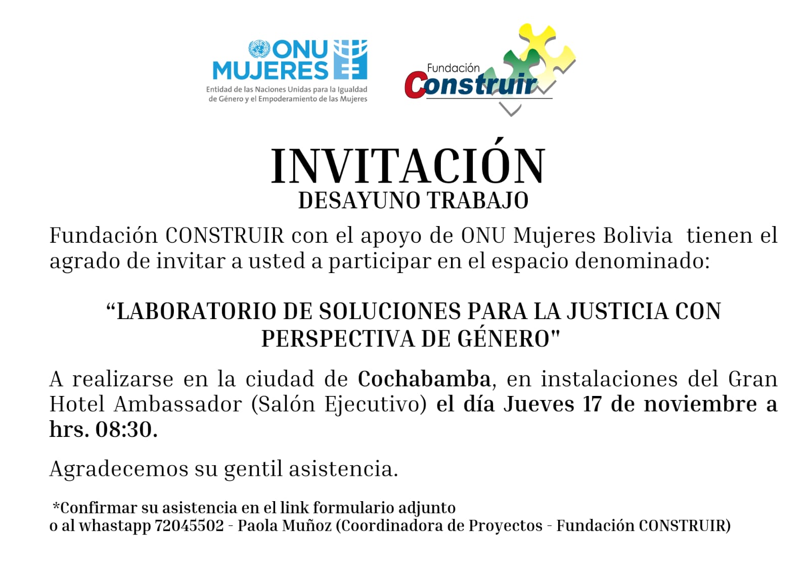 Invitación: Desayuno trabajo- Laboratorio de soluciones para la justicia con perspectiva de género