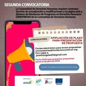 Ampliación de plazo para presentación de propuesta- Segunda convocatoria: Servicio de actualización y modificaciones a la página web y Sistema de Monitoreo de Progresos en Derechos Humanos (SIMOPREDH) de la Comunidad de Derechos Humanos