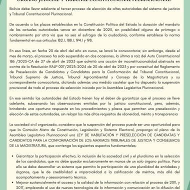 Pronunciamiento Público: La Sociedad Civil organizada exhorta a la Asamblea Legislativa Plurinacional a generar acuerdos que viabilizen el proceso de preselección de autoridades al Órgano Judicial y Tribunal Constitucional Plurinacional