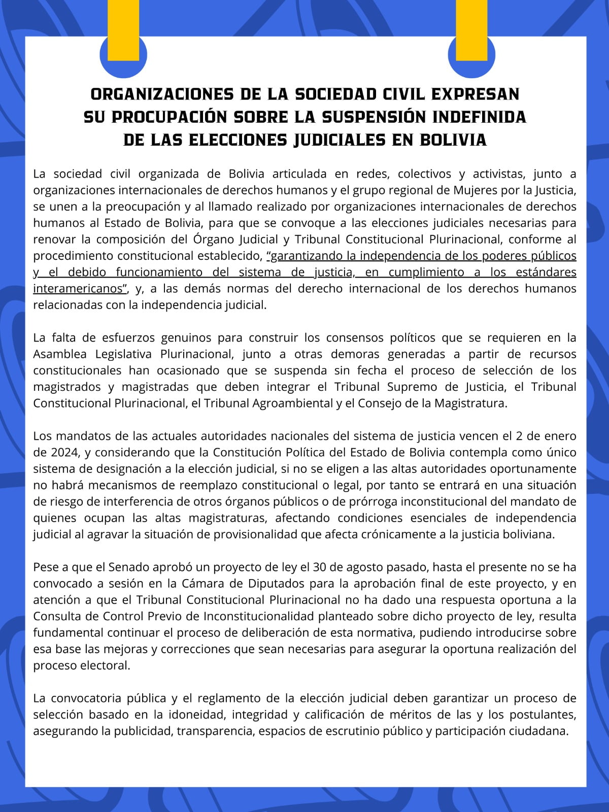 ORGANIZACIONES DE LA SOCIEDAD CIVIL EXPRESAN SU PREOCUPACIÓN SOBRE LA SUSPENSIÓN INDEFINIDA DE LAS ELECCIONES JUDICIALES EN BOLIVIA