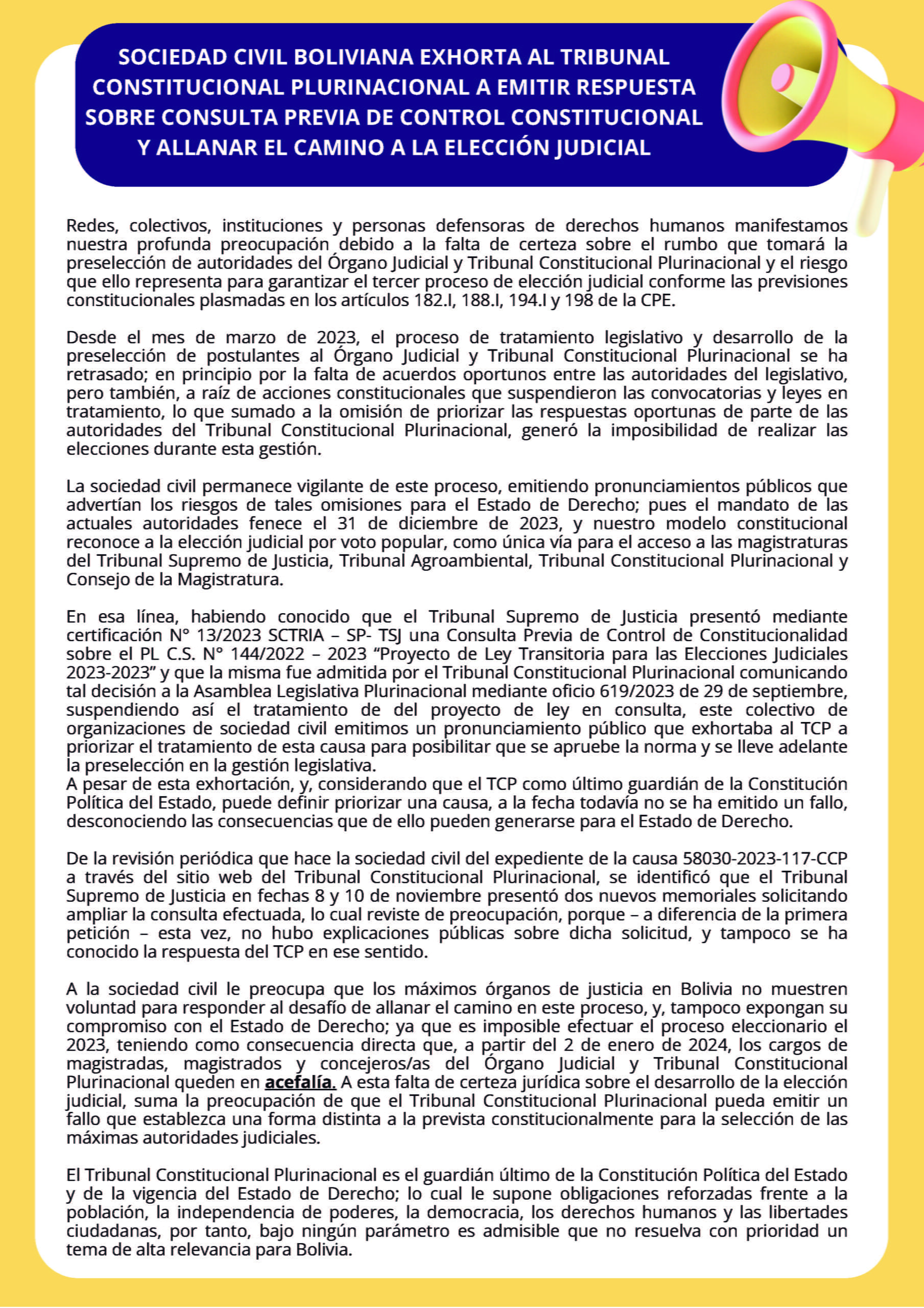 Pronunciamiento: Sociedad Civil Boliviana exhorta al Tribunal Constitucional Plurinacional a emitir respuesta sobre consulta previa de control de Constitucional y allanar el camino a la Elección Judicial